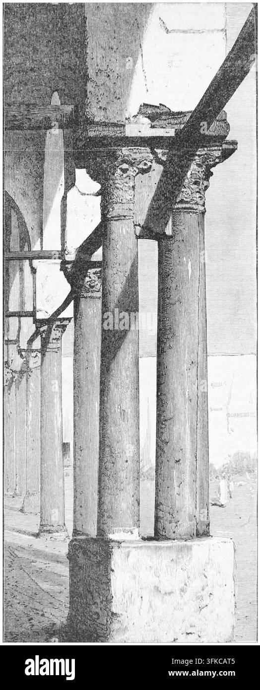 Kolonnade mit korinthischen Säulen im antiken Stil, Architekturdetail, 1880er Jahre, Illustration. Stockfoto