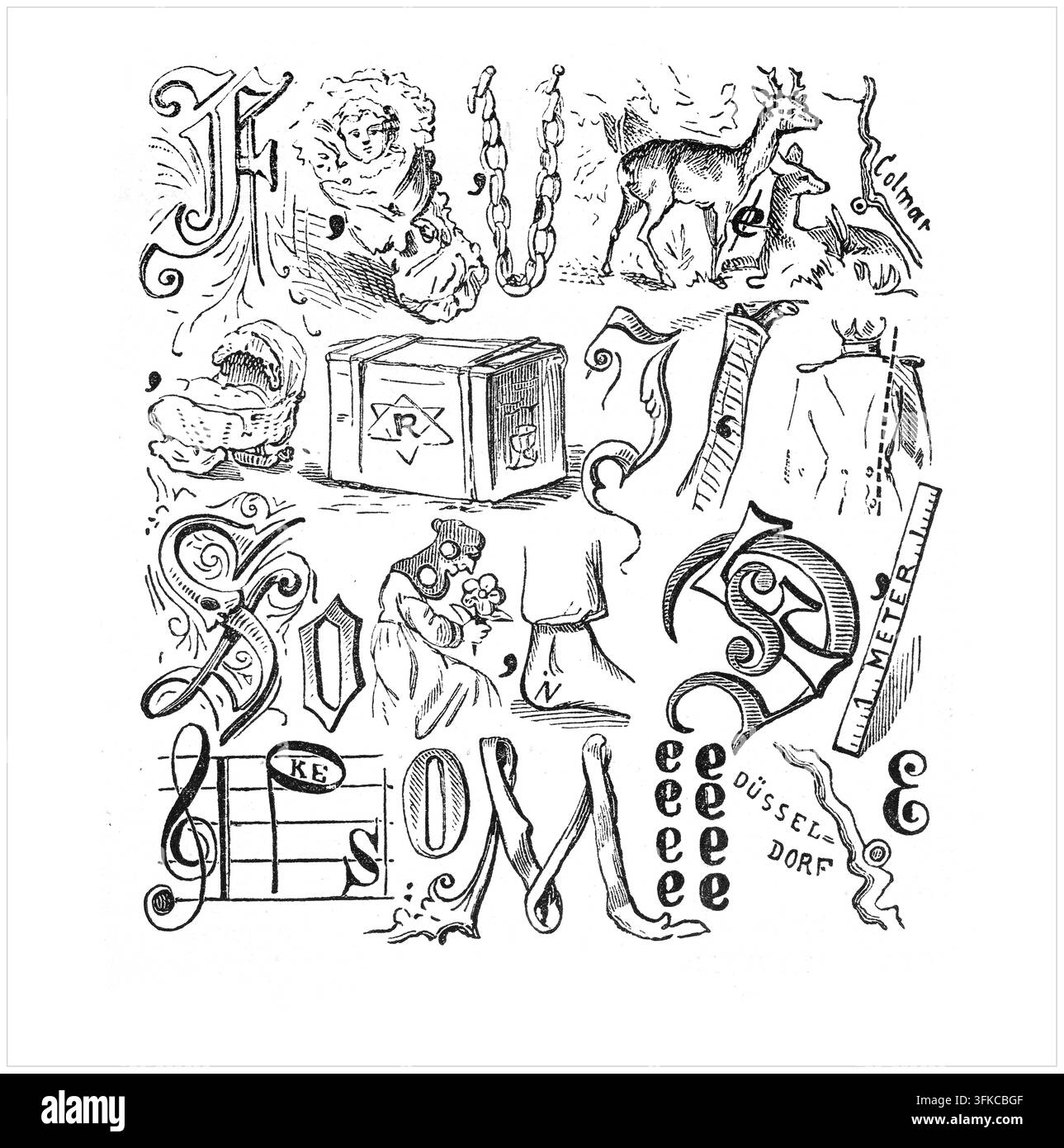Dekoratives Alphabet mit Figuren und Objekten, verspieltes Design aus der viktorianischen Ära mit Tieren, Menschen, kunstvollen Buchstaben, 19. Jahrhundert Radierung. Stockfoto