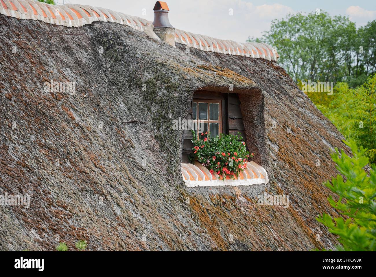 Traditionelle Häuschenarchitektur mit einem verwitterten Strohdach und einem charmanten Dachfenster. Stockfoto