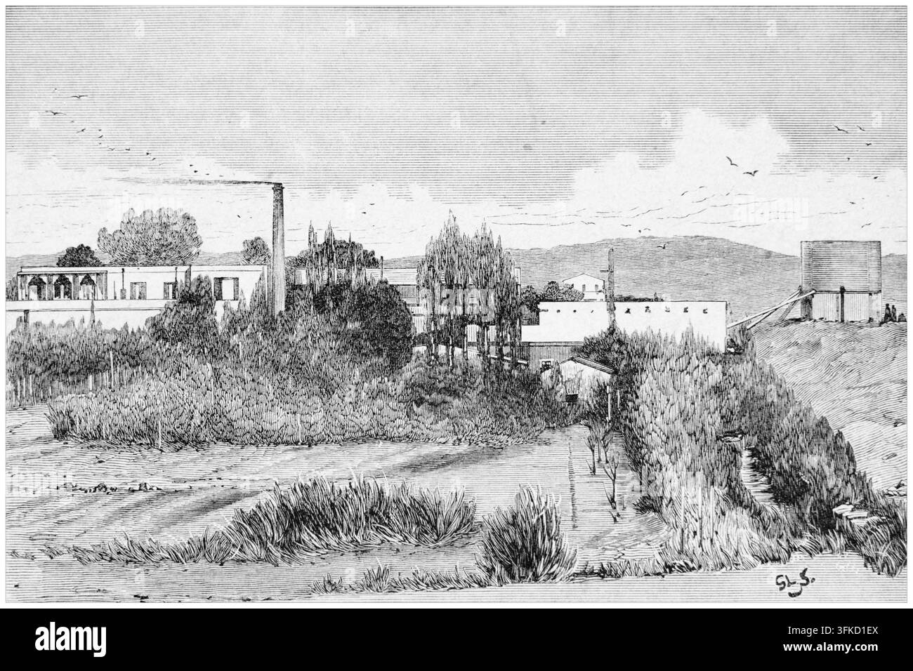 Fabrik mit Schornstein und Wasserturm in einer Landschaft, Illustration aus dem 19. Jahrhundert. Stockfoto