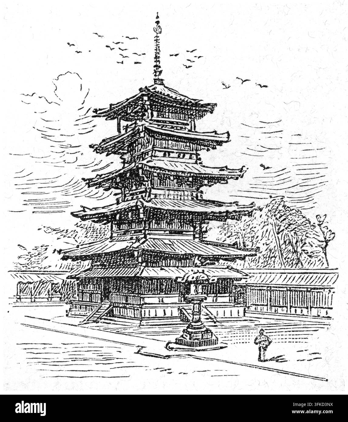 Fünfstöckige Pagode in Japan mit Mann, Architektur des 19. Jahrhunderts, Illustration. Stockfoto