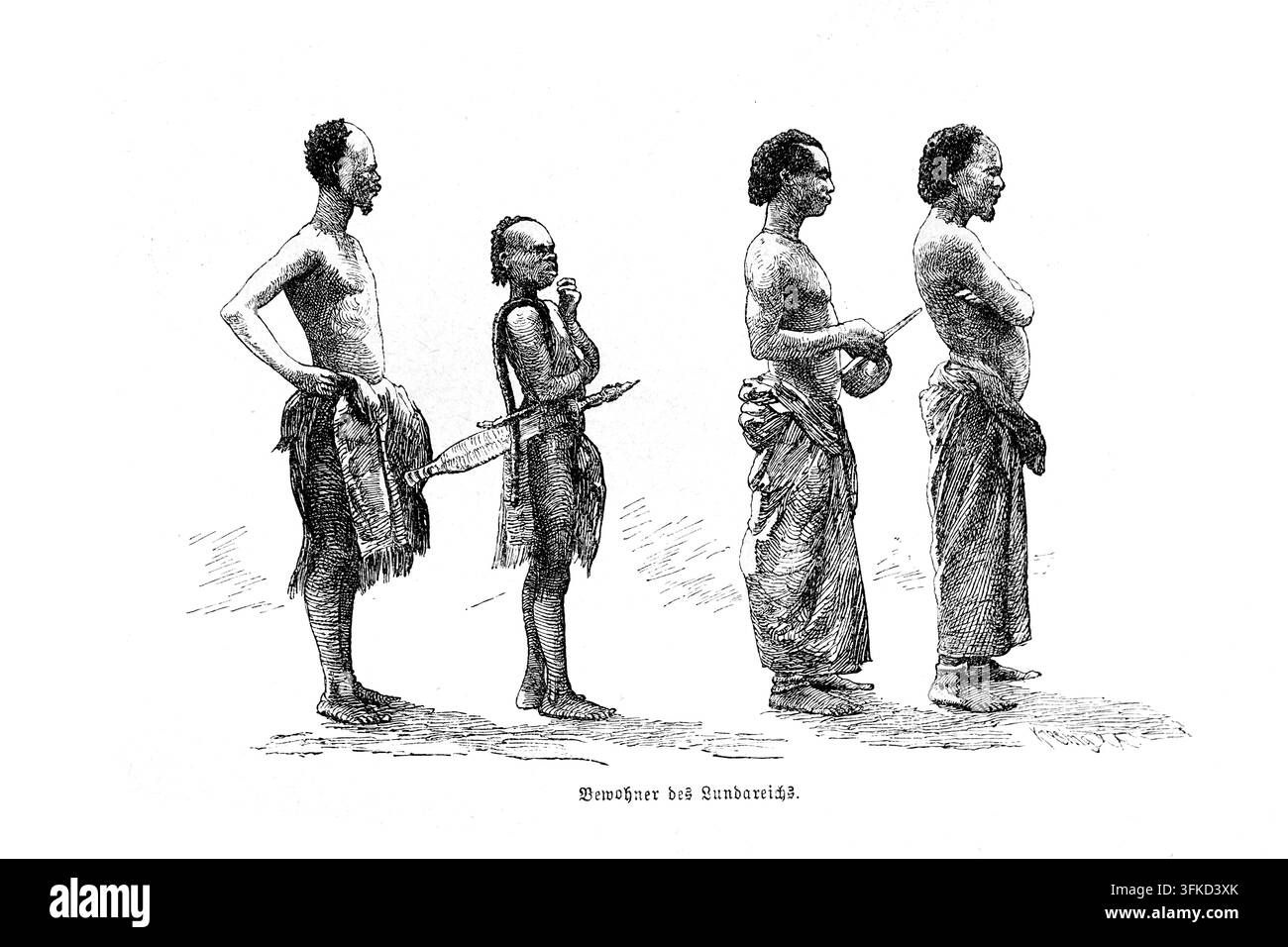 Vier afrikanische Männer in traditioneller Kleidung, im Profil posiert, ethnografische Darstellung des 19. Jahrhunderts – Illustration. Stockfoto