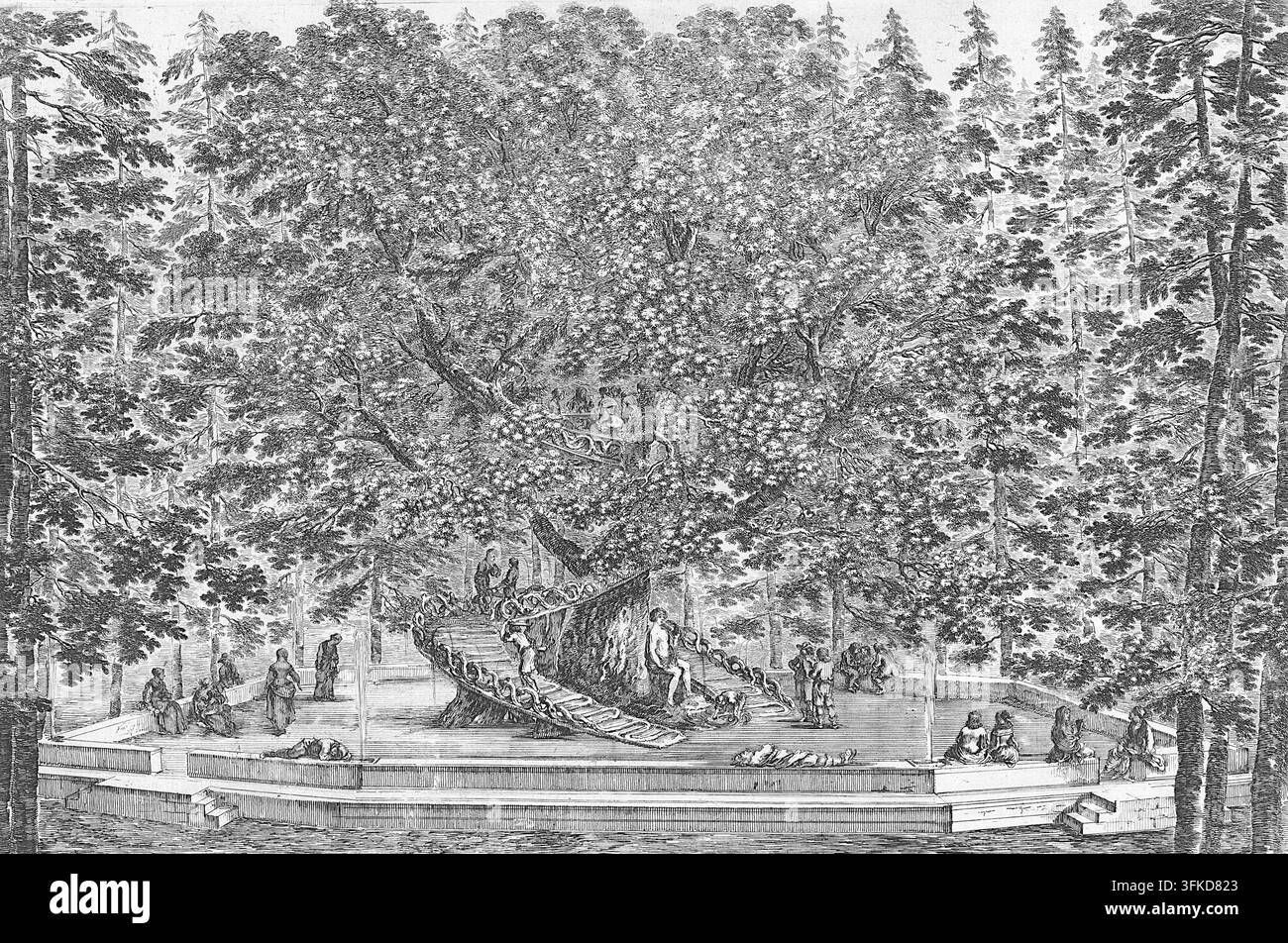Stefano della Bella (1610–1664) - Das Baumhaus in Pratolino - ca. 1653 - Der bewohnte Baum - Ein riesiger Baum mit einer spiralförmigen Rampe oder Treppe, die um den Stamm gebaut wurde. In den Gärten der historischen Villa di Pratolino, einem großen Renaissance-Anwesen der Medici-Familie in der Nähe von Florenz. Insbesondere waren die historischen Gärten der Villa di Pratolino in der Toskana für ihre kolossalen, alten Eichen bekannt. Die darin errichtete Struktur verfügt über eine doppelte Wendeltreppe, die sich direkt um den weitläufigen zentralen Stamm windet und zu einer Essplattform führt, die hoch im Kronendach versteckt ist. Stockfoto