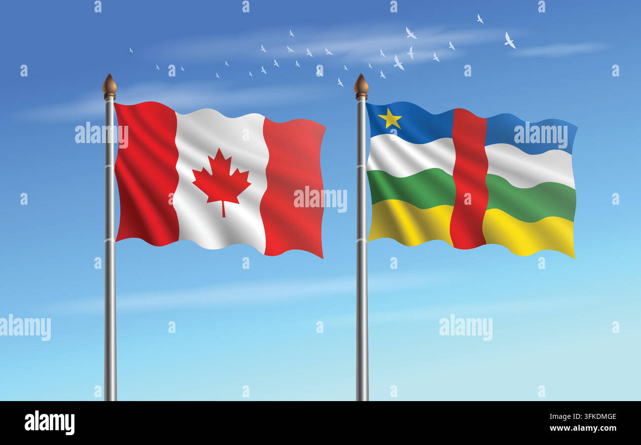 Beziehung zwischen den Flaggen von Kanada und der Zentralafrikanischen Republik mit Himmelshintergrund Stock Vektor