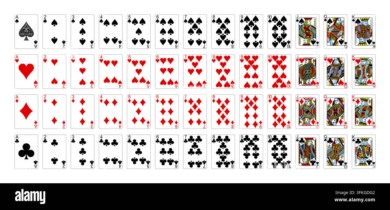 Komplettes Standarddeck mit 52 Spielkarten in vier Reihen nach Farbe: Pik, Herz, Karo und Kreuz vom Ass bis zum König, klassisches französisches Deckdesign mit Stock Vektor