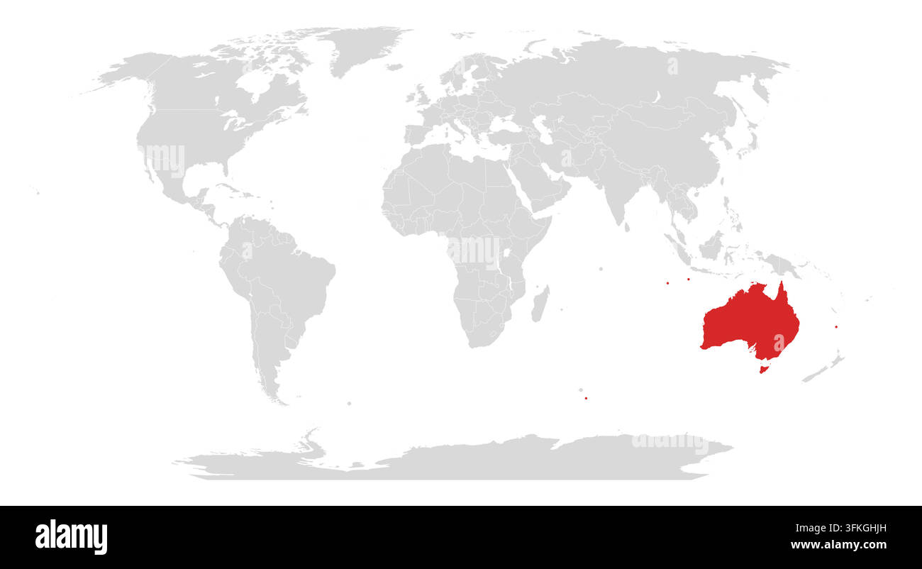 Vektor-Weltkarte in hellgrau mit Australien in Rot hervorgehoben, weiße Ländergrenzen, keine Beschriftungen. Für Infografiken, Präsentationen, Nachrichtengrafiken und Stock Vektor