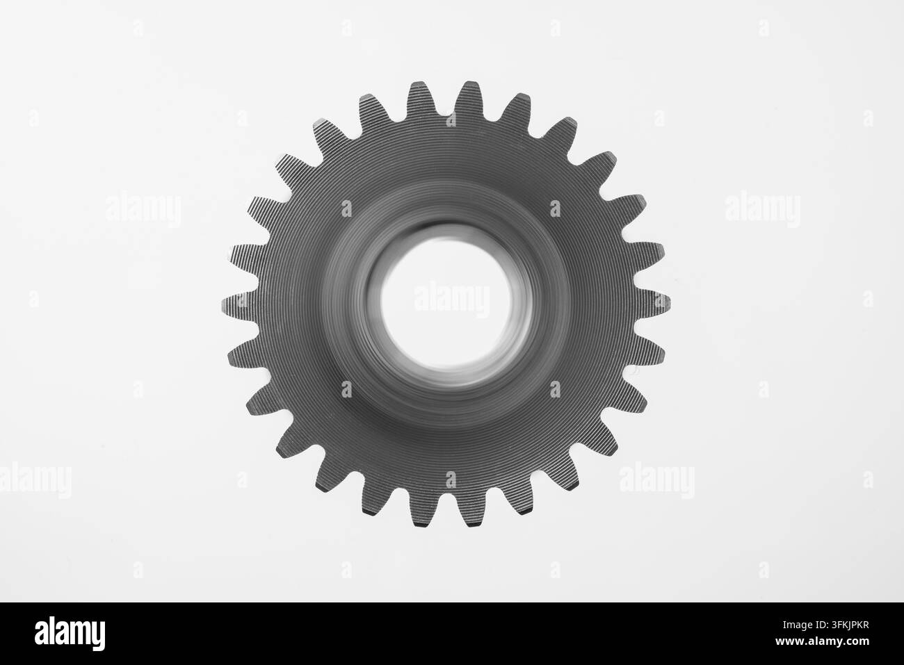 Design-Konzept - Draufsicht auf Metallgetriebe isoliert auf weißem Hintergrund für Mockup. Echtes Foto, nicht 3D-Rendering Stockfoto