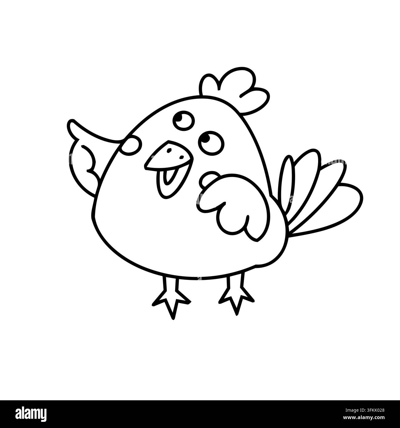 Hühner-Cartoon-Umriss isolierter Vektor. Niedlicher Hausvogel-Charakter steht glücklich Malseite. Kinderaktivitätsbuch Bauernhof Lernspiel Kindergarten Stock Vektor