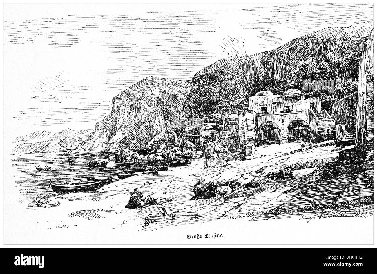 Großes Maina Village an der Küste mit Booten und Gebäuden, Illustration aus den 1880er Jahren. Stockfoto