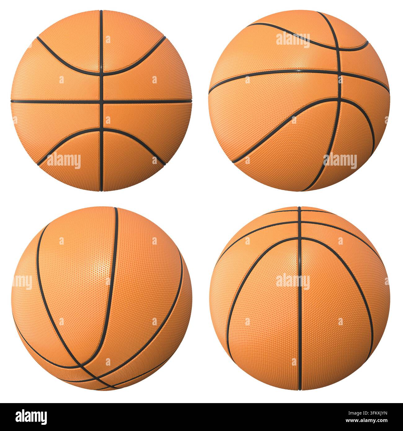 Sammlung von orangefarbenen Basketbällen, 3D isoliert Stockfoto