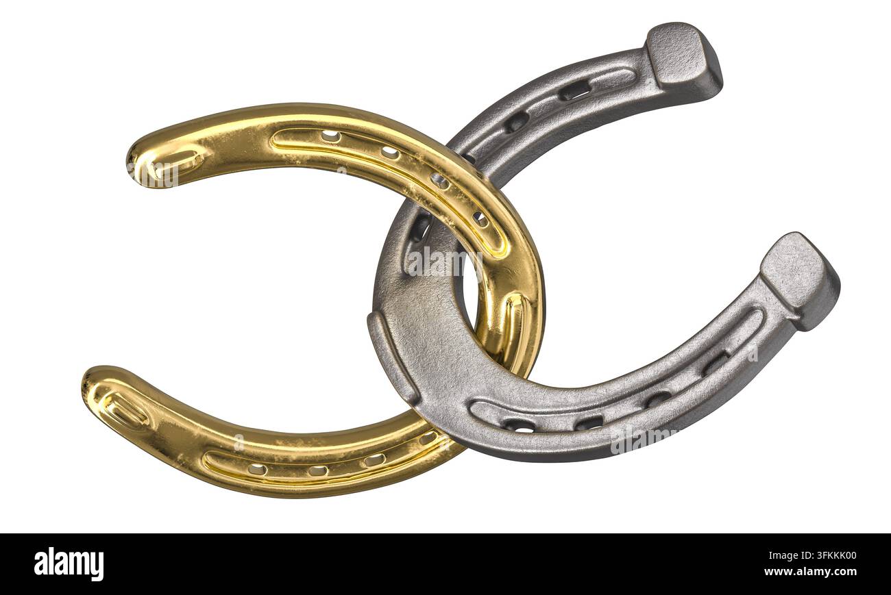 3D-ineinander greifende goldene und silberne Hufeisen Stockfoto