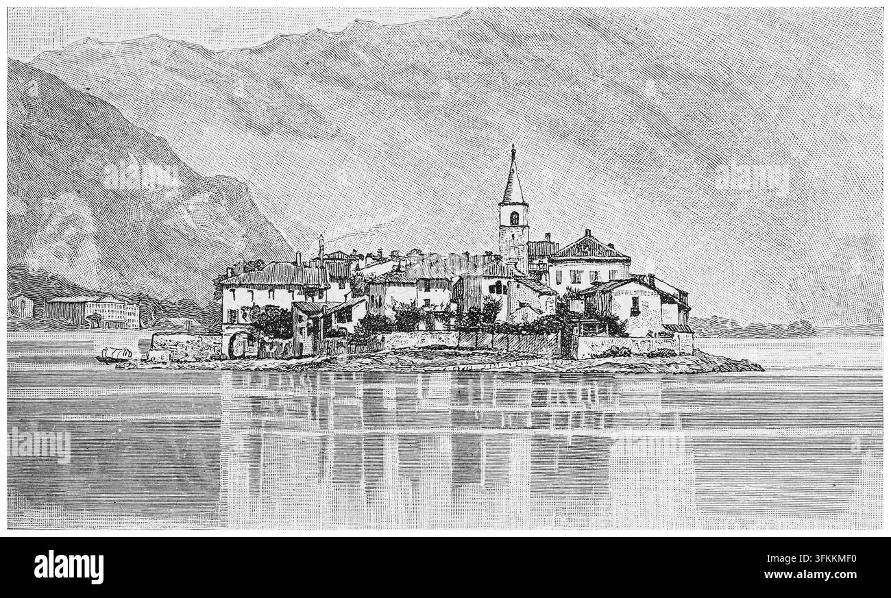 Isola dei Pescatori am Lago Maggiore mit Gebäuden und Spiegelungen, Illustration aus dem 19. Jahrhundert. Stockfoto