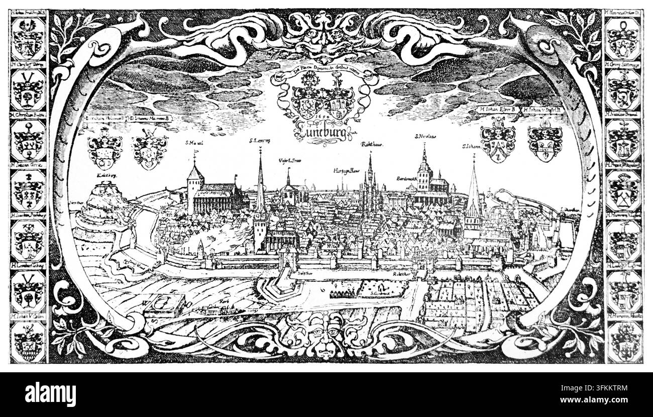 Stadtansicht von Lüneburg mit Wappen, 1697: Historische deutsche Stadtsicht, Architektur und Embleme. Illustration. Stockfoto