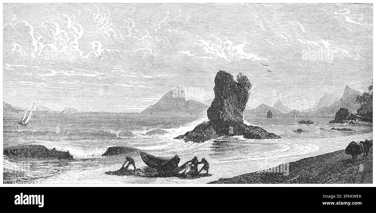 Männer ziehen ein Boot am Strand von Rio de Janeiro, Brasilien, Illustration aus dem 19. Jahrhundert. Stockfoto