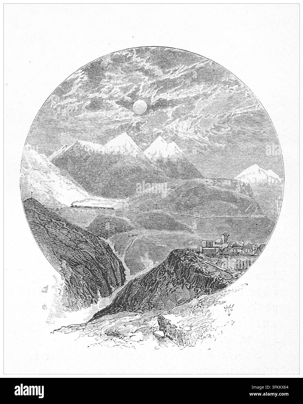 Bergige Landschaft mit Zug, Mond und Dorf, Illustration aus dem 19. Jahrhundert. Stockfoto