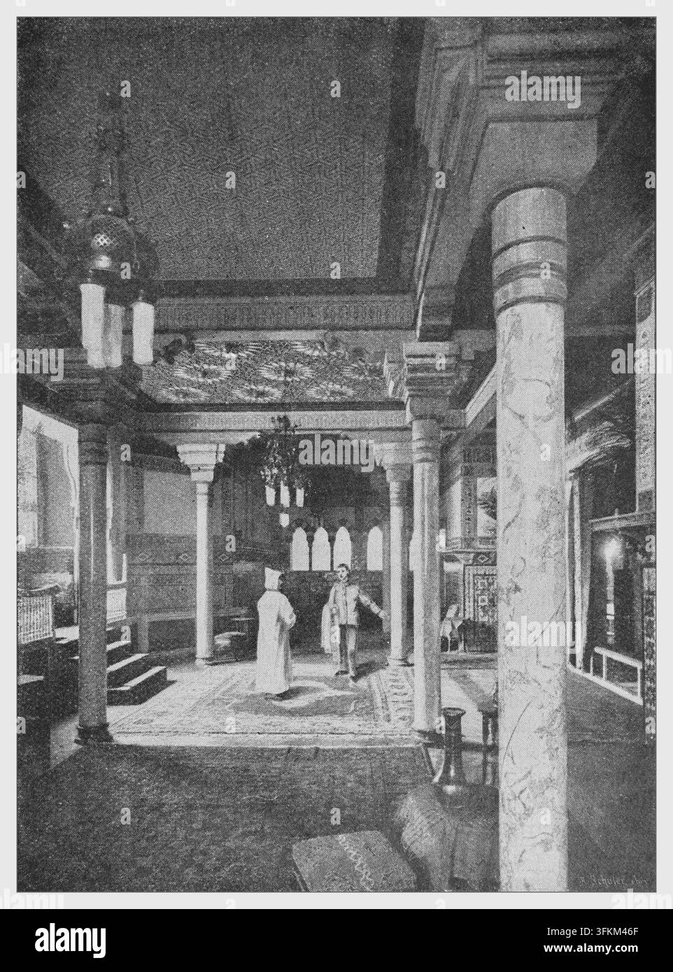Entspannungsraum eines Männerdampfbads mit einem kunstvoll verzierten maurischen Interieur und zwei Männern, Illustration aus dem 19. Jahrhundert. Stockfoto