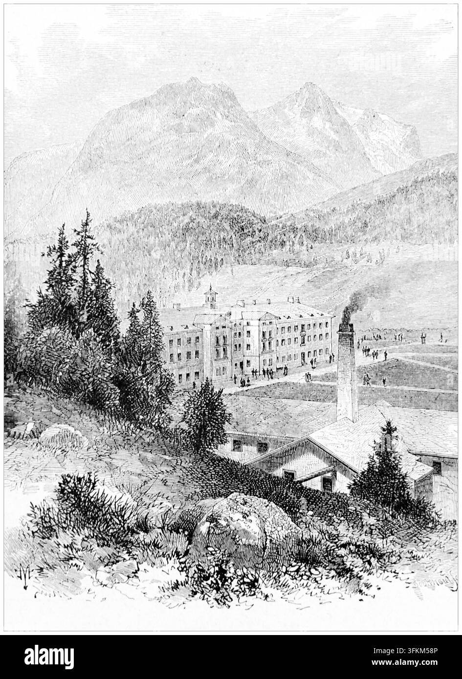 Sanatorium in St. Moritz mit Bergen, Bäumen und Menschen im 19. Jahrhundert, Illustration. Stockfoto