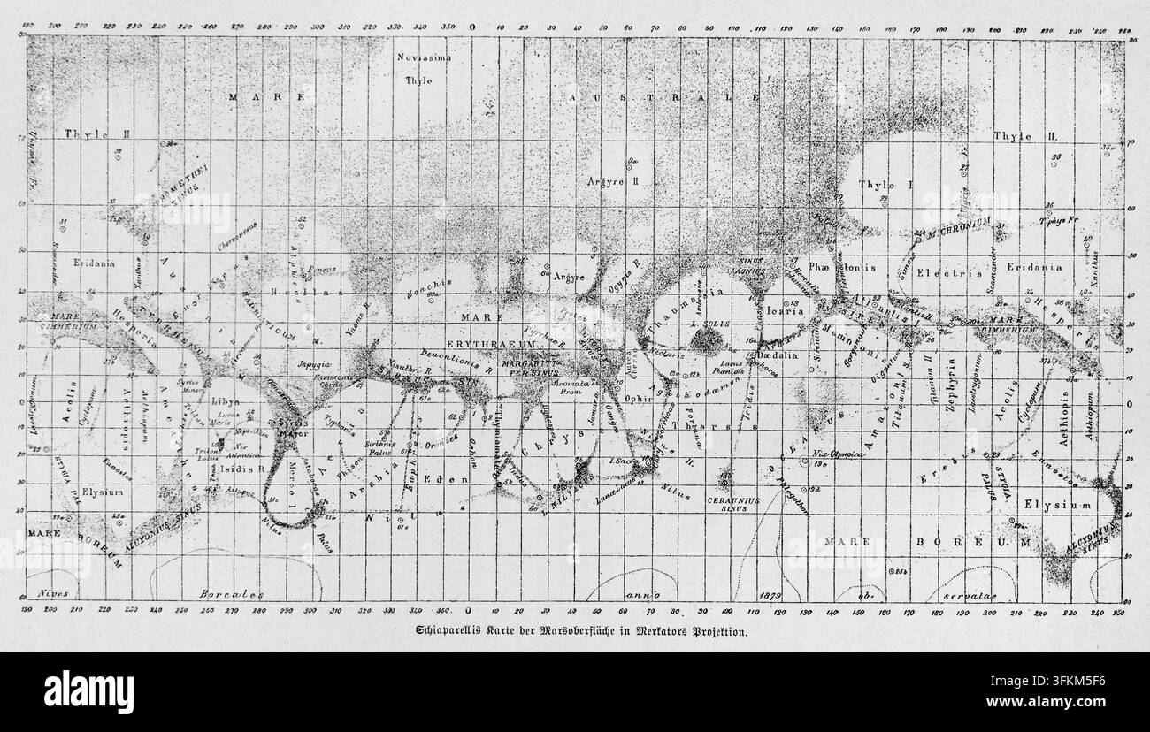 Schiaparellis Karte der Marsoberfläche in Mercator-Projektion, 1879. Illustration. Stockfoto