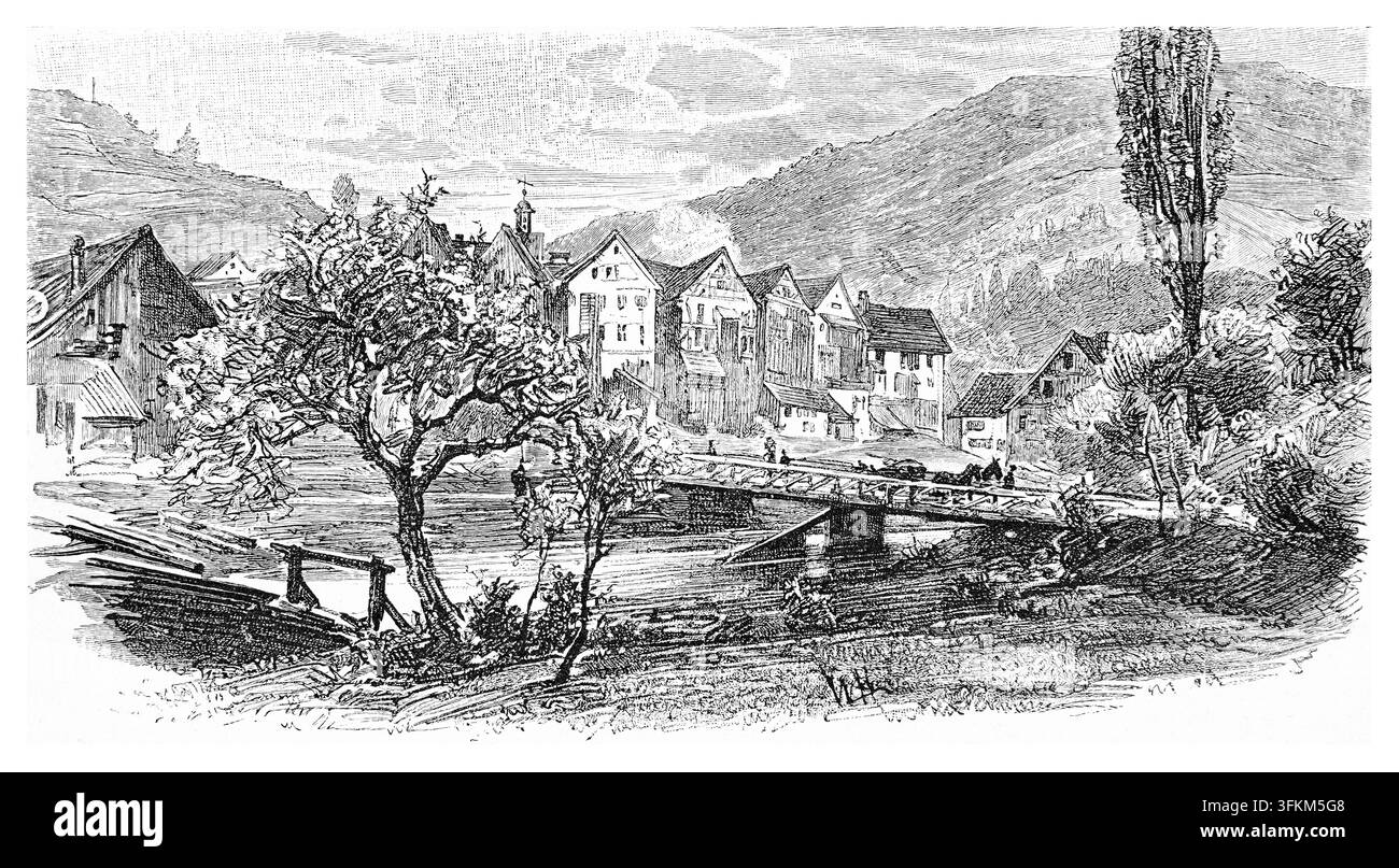 Stadt Schiltach mit Brücke über den Kinzig und Gebäuden, Illustration aus dem späten 19. Jahrhundert. Stockfoto
