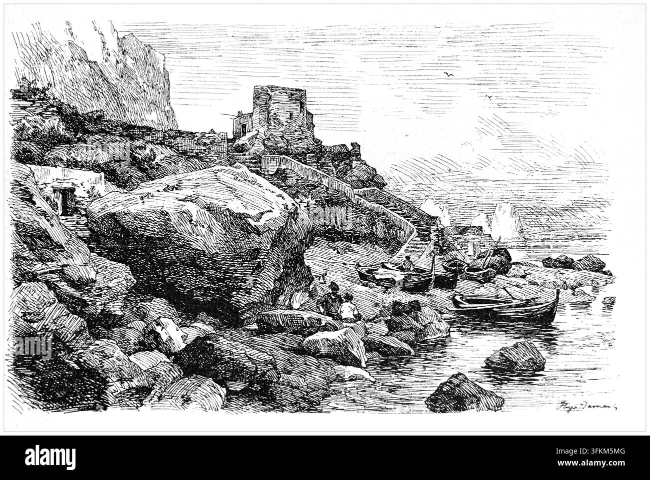 Strandszene mit Booten, Menschen und einem Turm im Hintergrund, Illustration aus dem 19. Jahrhundert Stockfoto