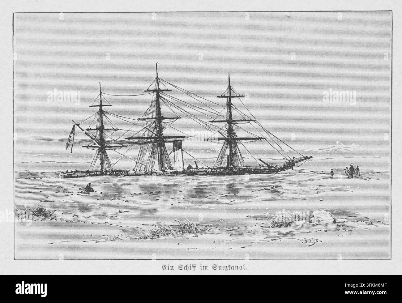 Schiff im Suezkanal, 19. Jahrhundert, Afrika, Asien, Transport, Wasserstraße, Seefahrt, Menschen am Ufer, Illustration. Stockfoto