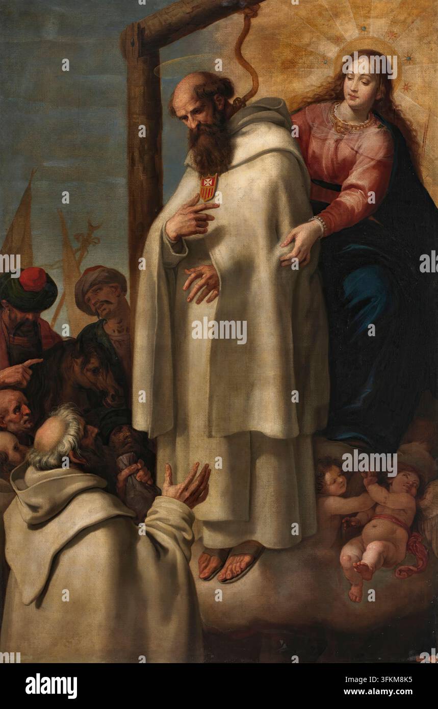 Martyrium des Heiligen Peter Armengol, 1585. Er erlitt das Martyrium, indem er an einem Baum aufgehängt wurde, überlebte angeblich unter dem Schutz der Jungfrau Maria. Stockfoto