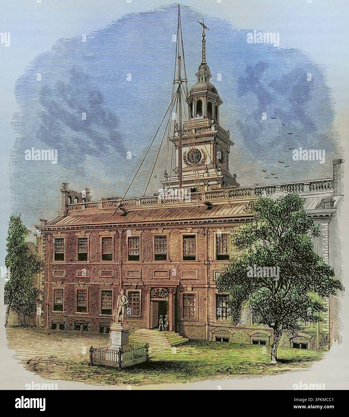 Haus in Philadelphia, in dem die ersten Kongresse abgehalten wurden, 19. Jahrhundert. Independence Hall (ursprünglich Pennsylvania State House genannt), Philadelphia, Pennsylvania, Vereinigte Staaten. Gebäude zwischen 1732 und 1753 erbaut, entworfen von Edmund Woolley (ca. 1695–1771) und Andrew Hamilton (ca. 1676–1741), erbaut von Woolley. Die Gründerväter versammelten sich dort während des Zweiten Kontinentalkongresses (1775–1781) im Amerikanischen Unabhängigkeitskrieg, verabschiedeten die Unabhängigkeitserklärung (4. Juli 1776) und ratifizierten später die Artikel der Konföderation und die Verfassung der Vereinigten Staaten o Stockfoto