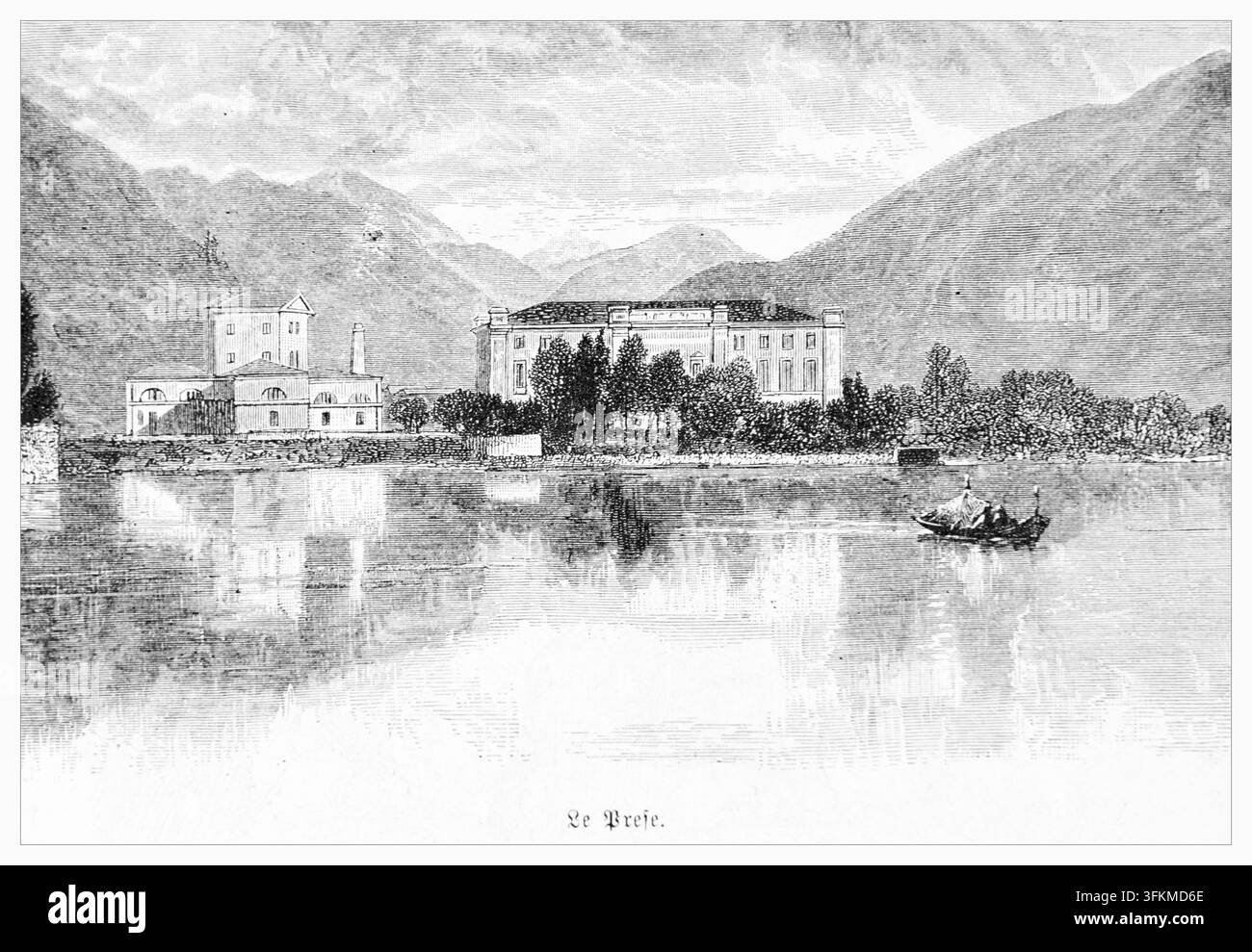 Villa Carlotta am Comer See, Italien, im 19. Jahrhundert. Gebäude, Architektur, Wasser, Boot und Berge. Illustration. Stockfoto