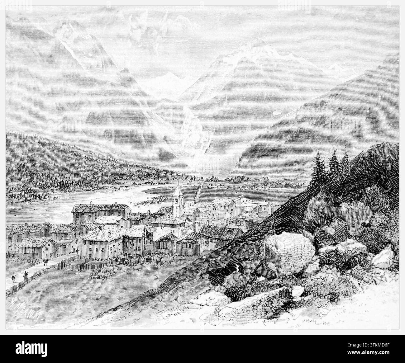 Ansicht des Dorfes Silvaplana in einem Tal mit Bergen, 1880er Jahre, Illustration. Stockfoto