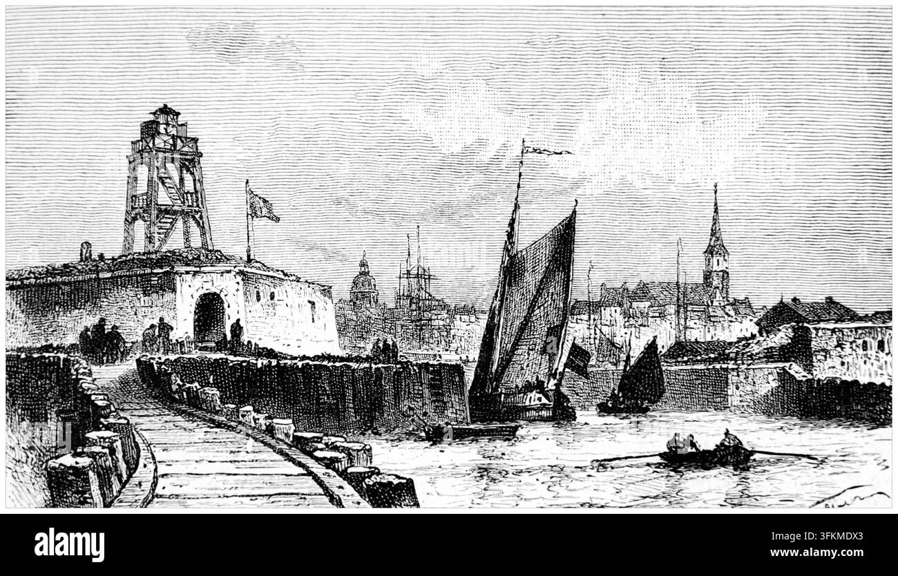 Vlissingen, Zeeland, Niederlande, mit Leuchtturm, Hafen, Booten und Ruderboot, Illustration aus dem 19. Jahrhundert. Stockfoto