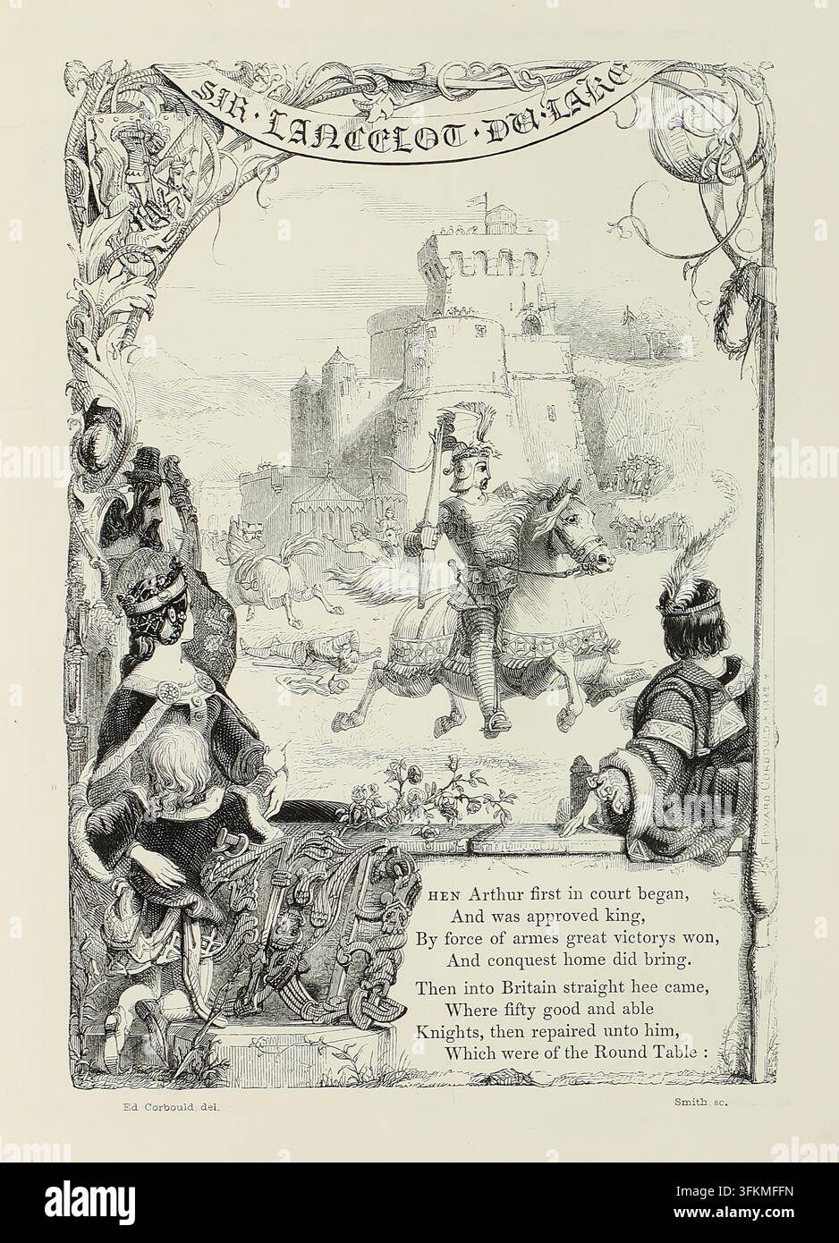 Sir Lancelot du Lake, 1842. 'Als Arthur am Hof begann und als König anerkannt wurde, gewann er durch Waffengewalt große Siege und brachte Eroberungen heim. Dann kam er direkt nach Britannien, wo fünfzig gute und fähige Ritter zu ihm kamen, die vom Runden Tisch waren.' Aus "The Book of British Ballads", herausgegeben von S. C. Hall, Bd. I, S. 119, [London: Jeremiah How, 1842-44] Stockfoto