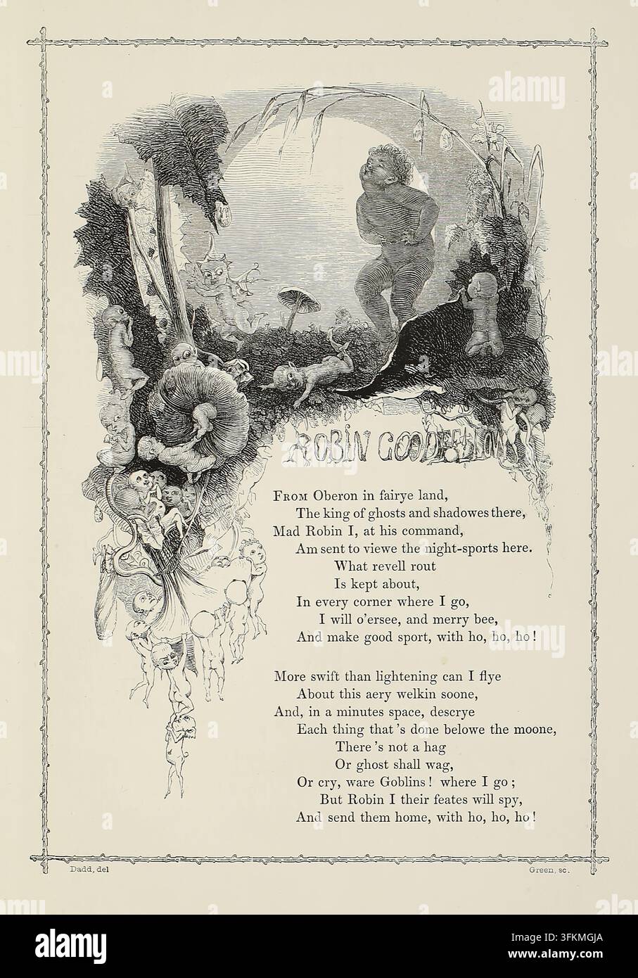 Robin Goodfellow, 1842. Illustriertes Gedicht. 'Aus Oberon im Feenland, Der König der Geister und Schatten dort, Der verrückte Robin I, auf seinen Befehl, Bin gesandt, um die Nachtsportarten hier zu betrachten. Welcher Festgesang herrscht, In jeder Ecke, wo ich hingehe, Werde ich überblicken und fröhlich sein, Und guten Sport machen, mit ho, ho, ho! Schneller als der Blitz kann ich fliegen Über diesen ätherischen Himmel bald, Und in einer Minute entdecken Jedes Ding, das unter dem Mond geschieht, Es gibt keine Hexe Oder Geist soll sich bewegen, Oder weinen, hört, Kobolde! wo ich hingehe; Aber Robin I ihre Taten wird spionieren, Und sie nach Hause schicken, mit ho, ho, ho!' Aus Stockfoto