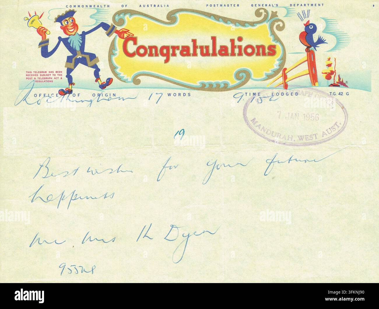 Vintage-Telegramm von 1956 des australischen Postmaster-General's Department, das von Rockingham nach Mandurah gesendet wurde und mit Grafik der Mitte des Jahrhunderts versehen ist Stockfoto