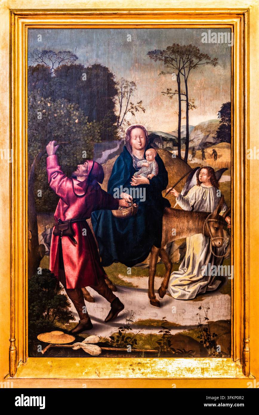 Flucht nach Ägypten, antikes Retabel der Hauptkapelle der Kathedrale von Viseu von Vasco Fernandes, 1501, Museu de Grao Vasco, bekannt für seine religiösen Stockfoto
