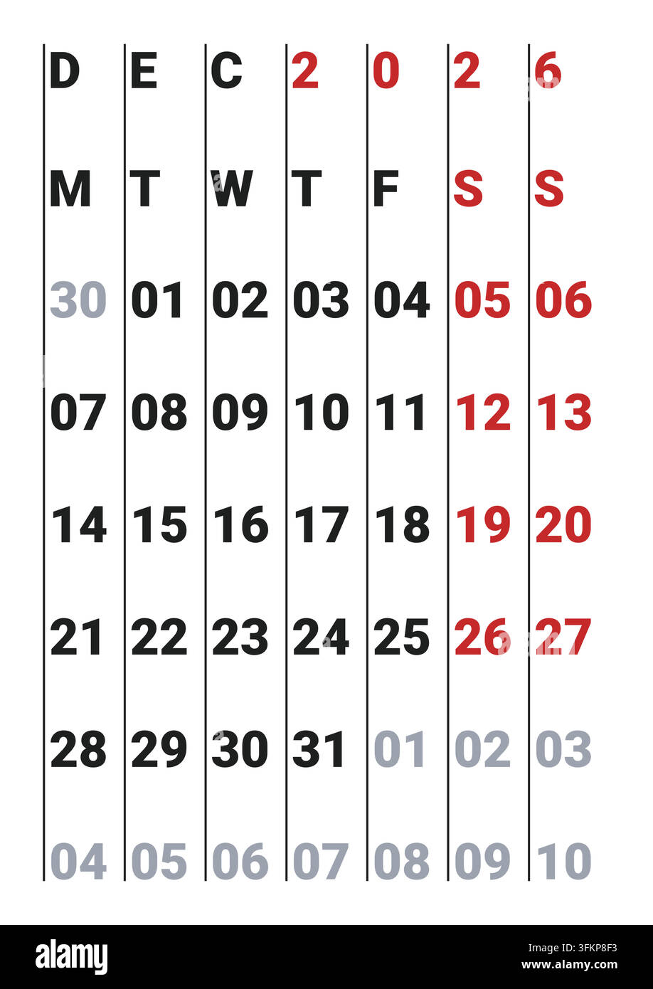 Dezember 2026 Englischer ästhetischer neutraler monatlicher Ziel-Tracker Skandinavischer minimaler Kalender (kompatibel mit 2037 und 2043). Stock Vektor