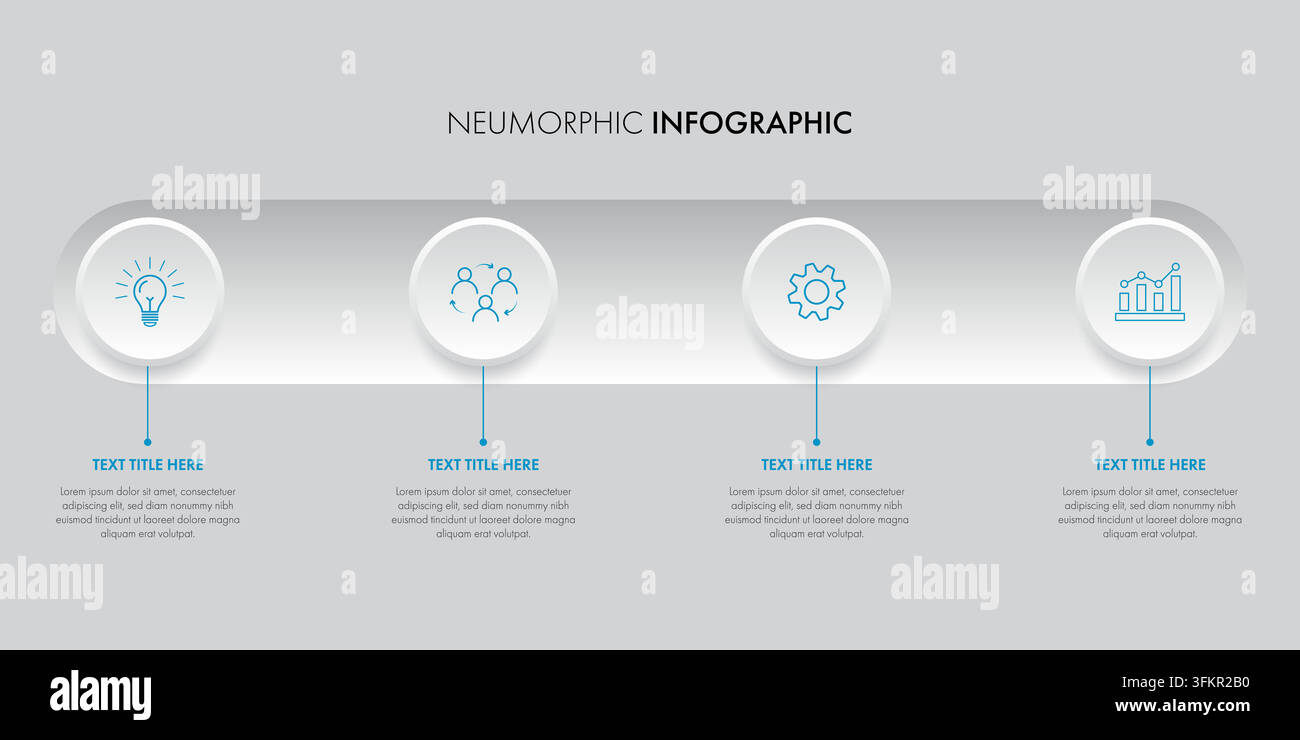 Neumorphes 4-Schritte-horizontales Zeitlinien-Infografik-Layout Stock Vektor