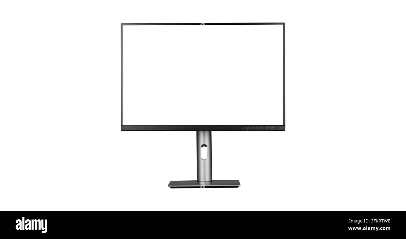 Hochwertiges Studiofoto eines LCD-Monitors, der das Bedienfeld mit Knöpfen in der unteren Ecke zeigt. Der minimalistische Ständer bietet Stabilität und eine Stockfoto