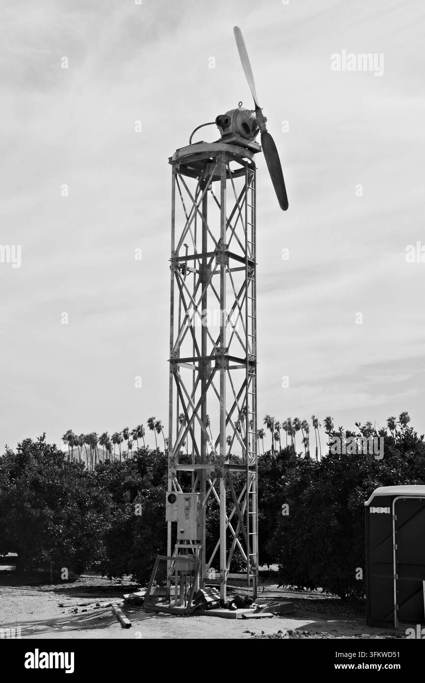 Eine große landwirtschaftliche Windmaschine erhebt sich über einen Zitrushain und Palmen unter einem teilweise bewölkten Himmel in Riverside, Kalifornien. Stockfoto