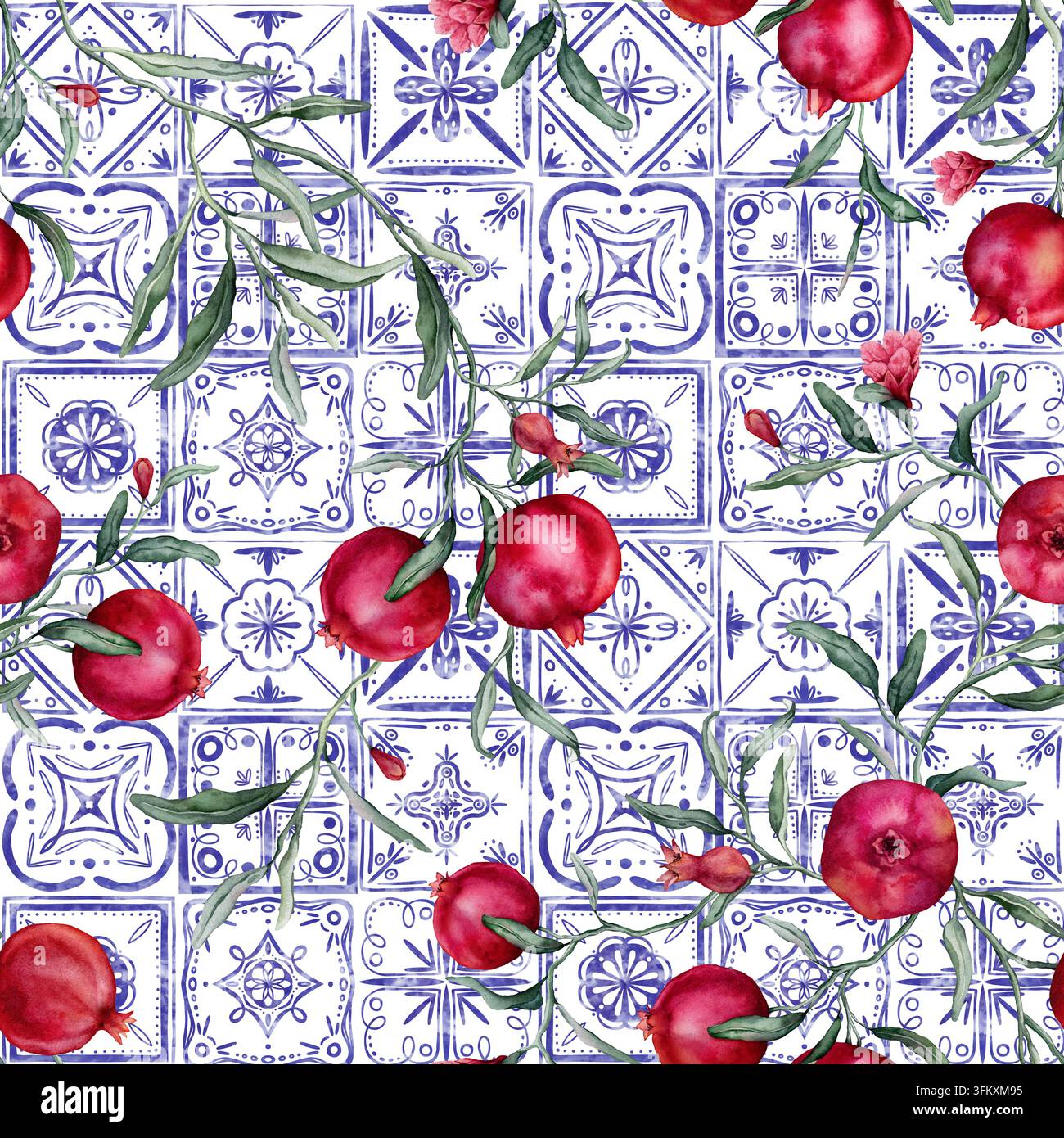 Nahtloses Muster aus portugiesischen Azulejo-Fliesen und Granatapfelbranche. Blaues Mittelmeer, spanische Keramiktraditionen. Handgezeichnetes Aquarell Stockfoto