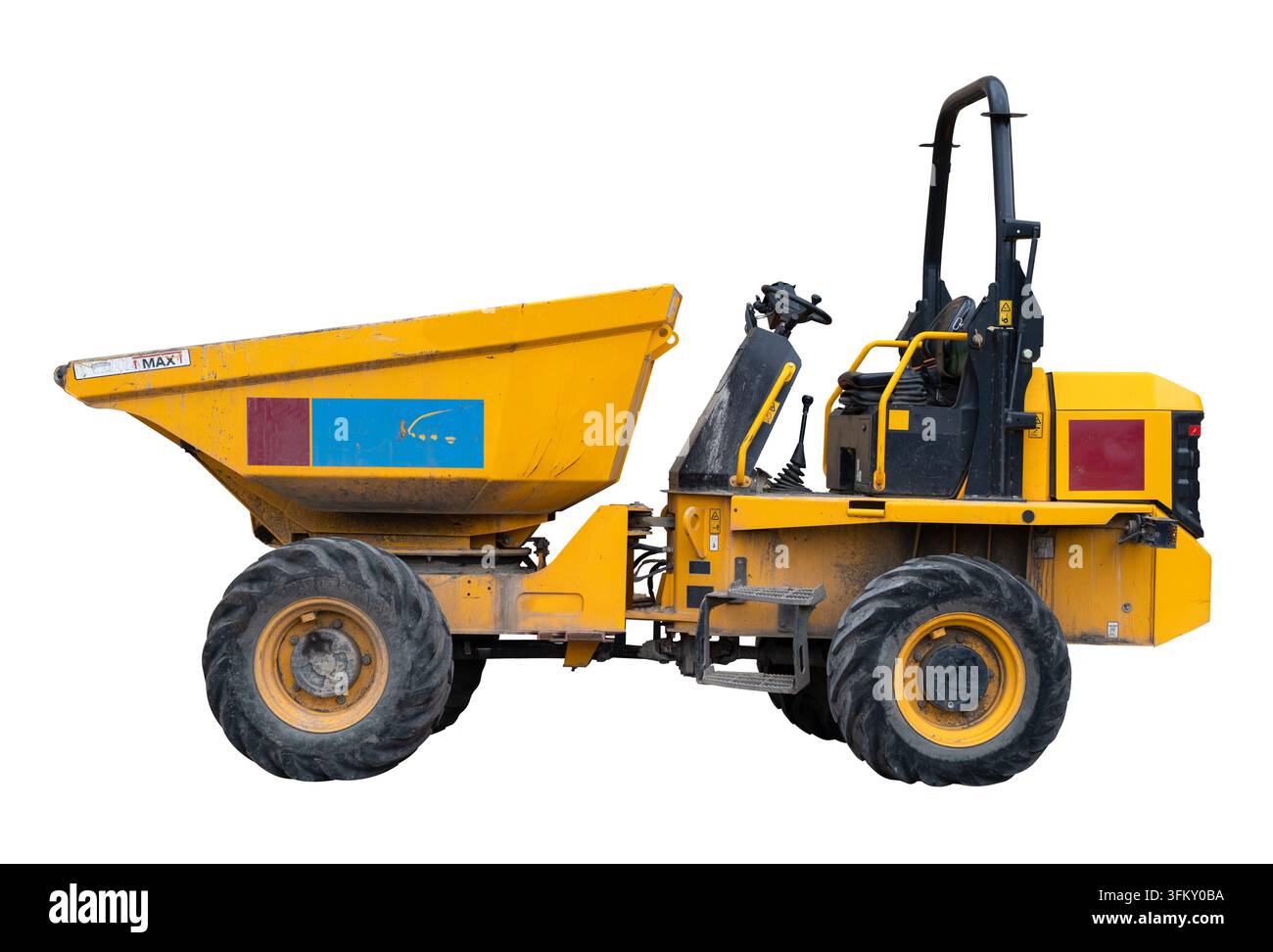 Isolierte Seitenansicht eines gelben Baufahrzeugs Dumper auf weißem Hintergrund Stockfoto