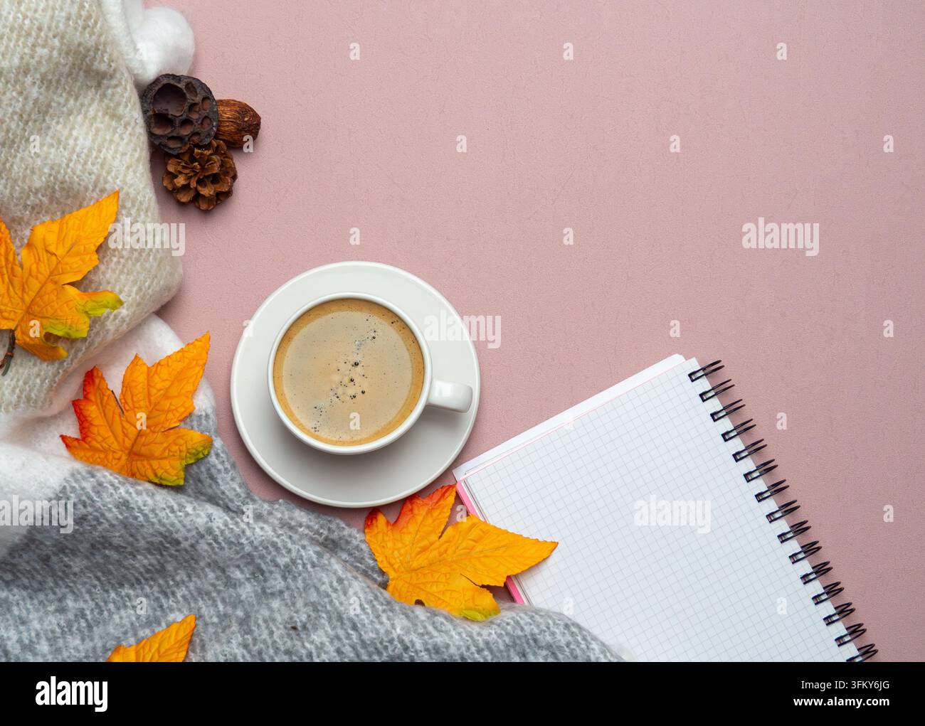 Flat Lay herbstliche gemütliche Szene mit Kaffee, Notizbuch und Blättern Stockfoto