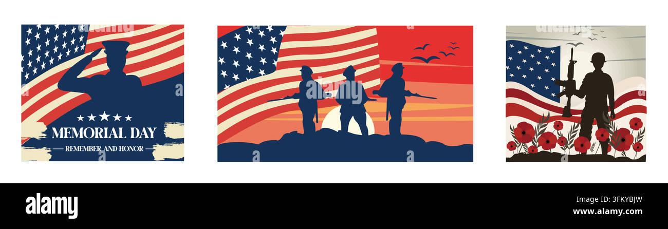 Gedenktag mit amerikanischer Flagge und Soldaten. Silhouette eines Soldaten mit US-Flagge. Gedenktag in Amerika. Flaches Vektor-Modernillustration-Set Stock Vektor