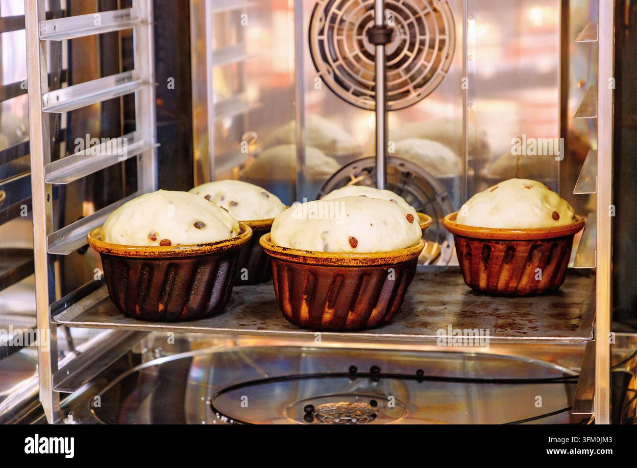 Elsässischer Gugelhupf (Kouglof), Teig in Backformen, bereit zum Backen Stockfoto