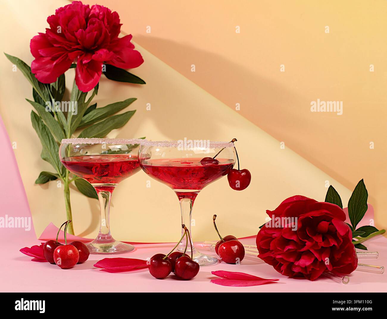 Moderne Stillleben mit sommerlichen alkoholischen Cocktails und burgunderroten Pfingstrosen auf einem modernen sonnigen Hintergrund Eiskirsche mit Eis für eine Party. Minimalistisch Stockfoto