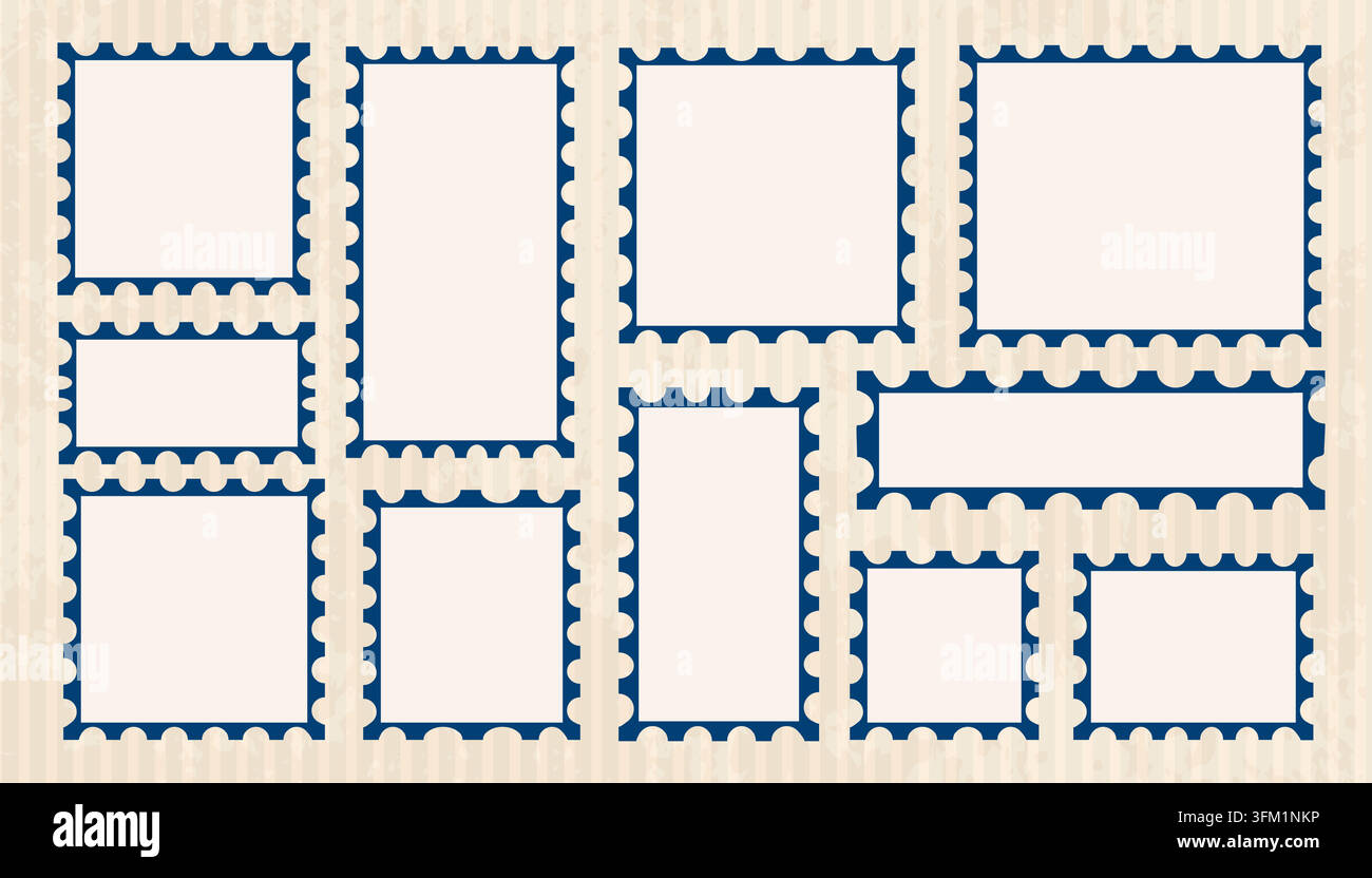 Briefmarken-leere Vektorvorlagen-Sammlung. Mockup-Letter-Elemente für die Postkorrespondenzgestaltung. Perforierte Kanten rechteckig, quadratisch kreisförmig Stock Vektor