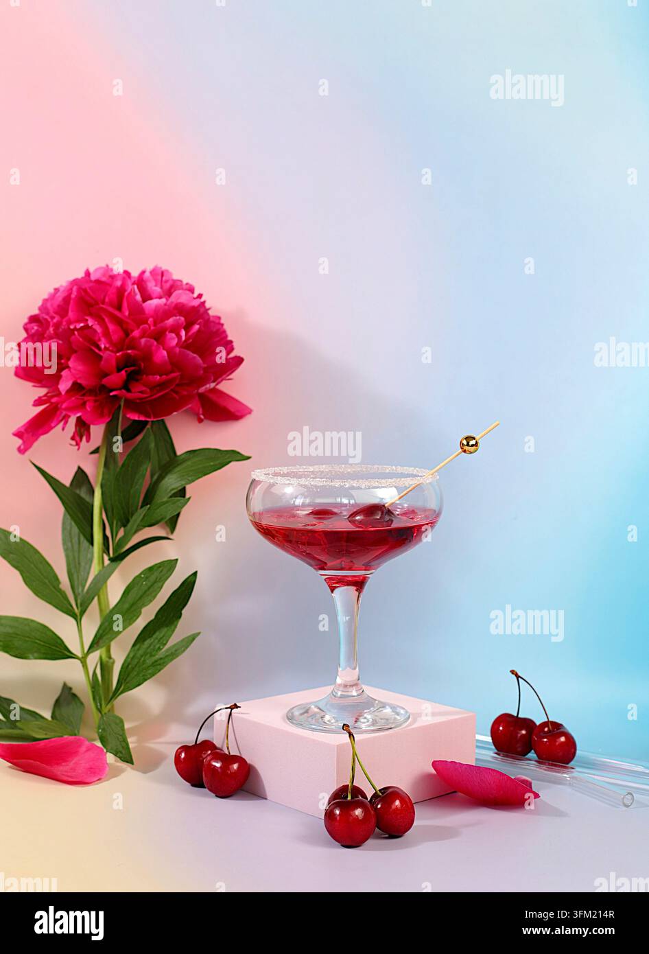 Eisloch mit Kirsche für eine Party, modernes Stillleben mit sommerlichen alkoholischen Cocktails und burgunderroten Pfingstrosen auf einem modernen sonnigen Hintergrund, minimalistisch Stockfoto