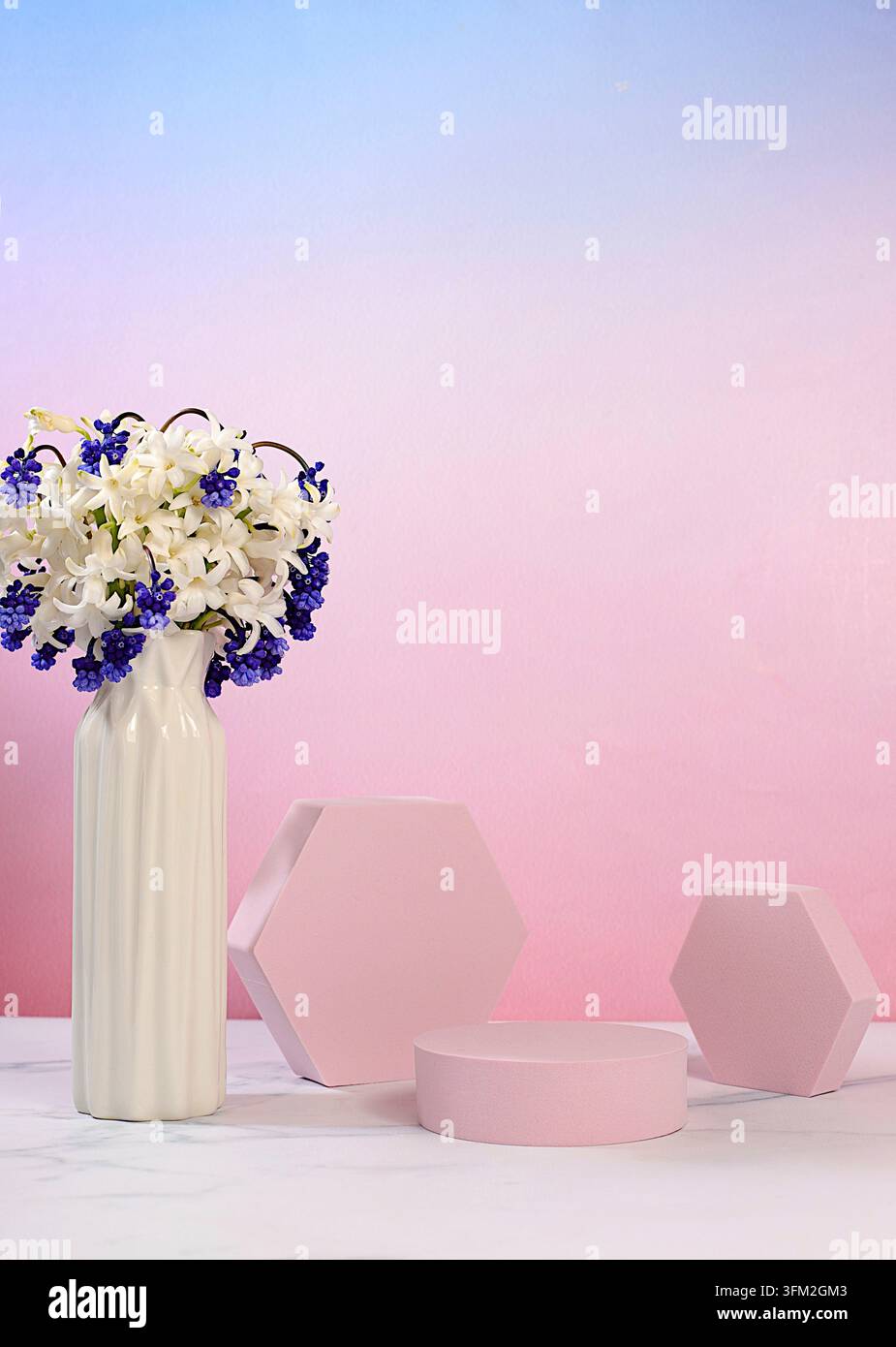 Abstrakte schöne Blumenkomposition mit Hyazinthen und Muskariblumen, Banner. Leeres Produktpodest und frische lebendige Frühlingsblumen. Bühne für Business Con Stockfoto