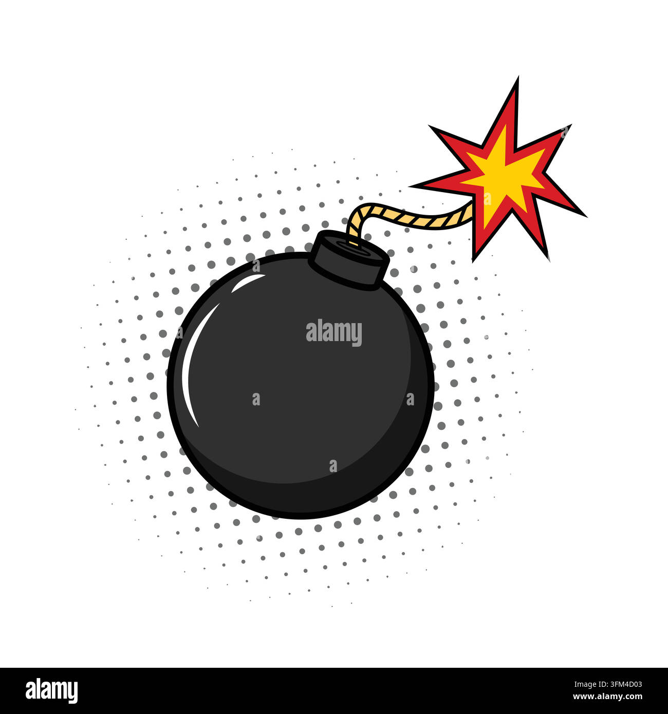 Cartoon-Bombe im Pop-Art-Stil Vektorillustration mit einer klassischen runden schwarzen Bombe und einer brennenden Lunte, dramatische Funken-Effekte Stock Vektor
