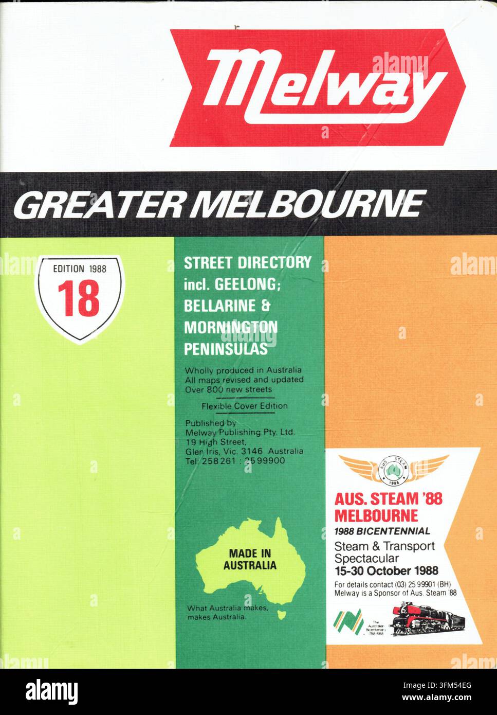 1988 Melway Greater Melbourne Straßenverzeichnis Ausgabe 18 Vorderseiten-Scan mit Aus Steam 88 Bicentennial Transportfestival-Logo Stockfoto