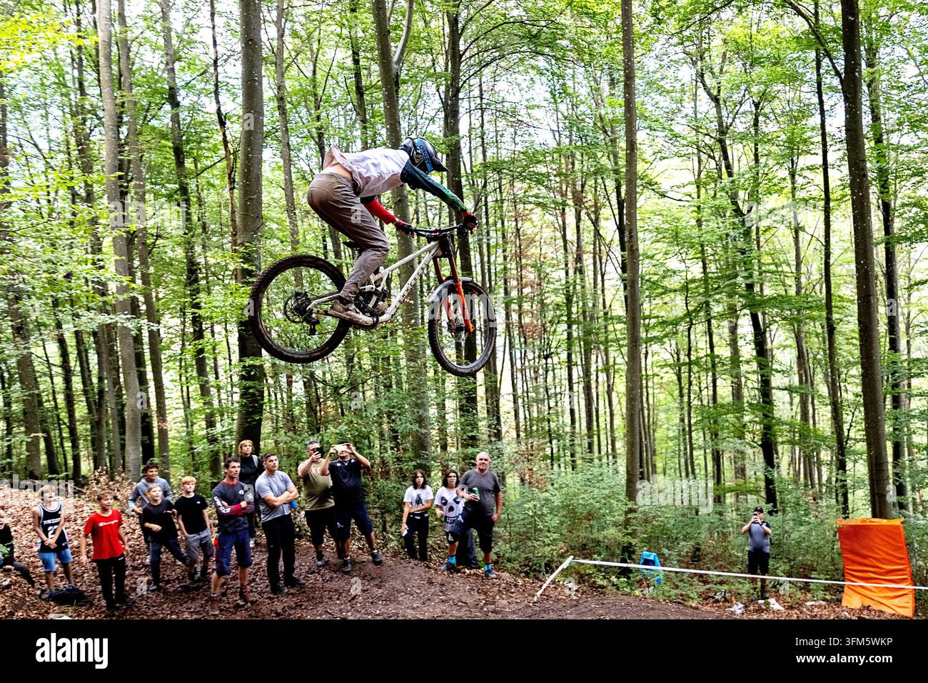 Eine Actionaufnahme eines MTB-Downhill-Fahrers in der Luft, der einen spektakulären Sprung auf dem Trail in Kocevski Rog in Richtung der Zielgeraden Soteska macht. Stockfoto